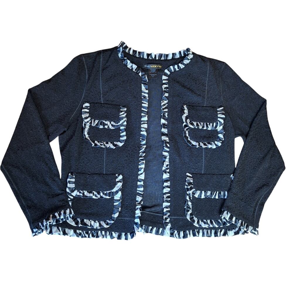 NWOT Eva Varro Jacket XL Black Textured Crepe Zebra Ruffle Trim Open Front USA